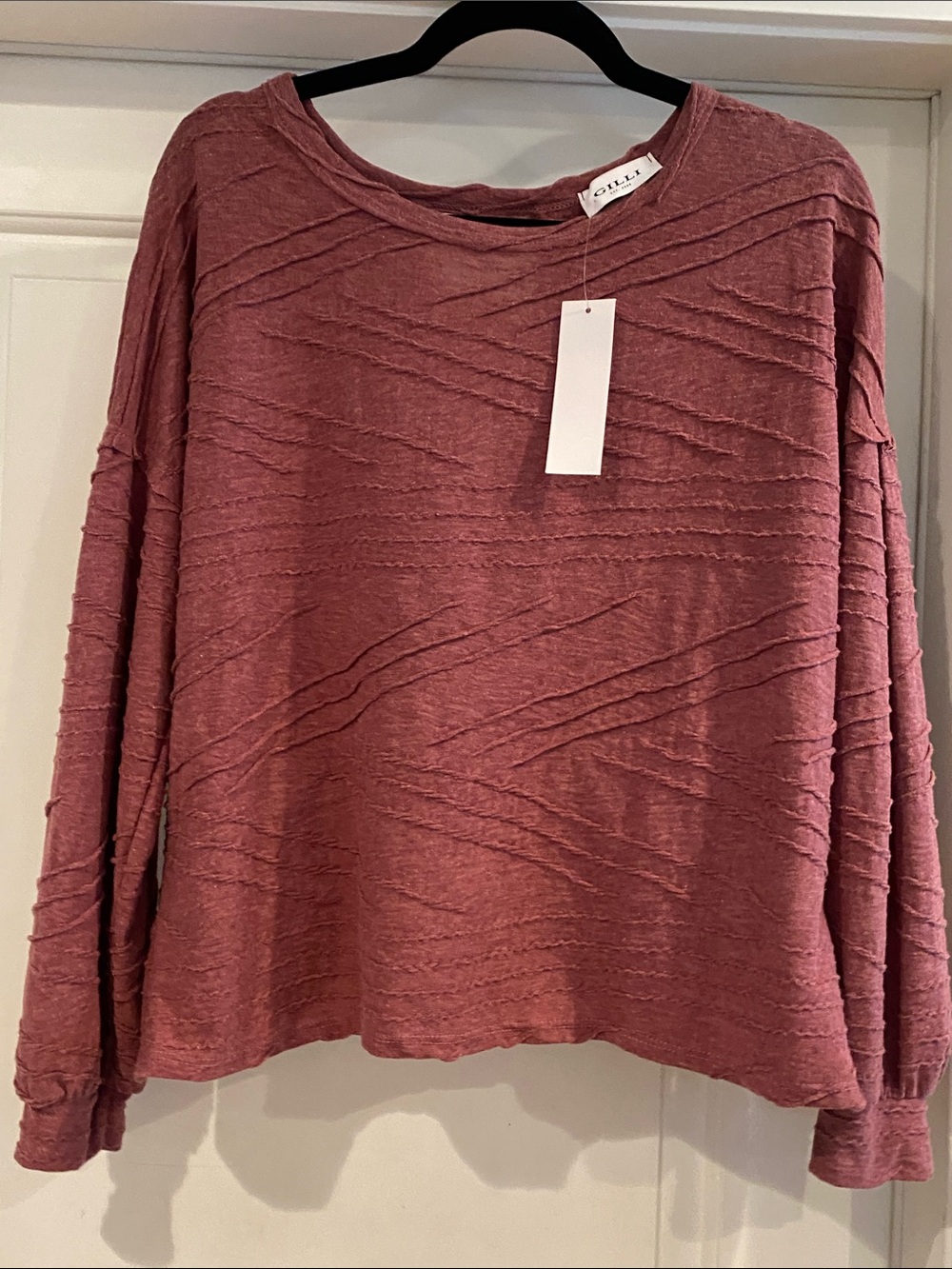 Gilli Mauve Textured Crewneck Long Sleeve Top with cross cross back opening NWT